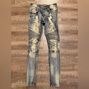 Crysp Denim Distressed Light Blue Metallic Acid Wash Men's Biker Skinny Stretch
